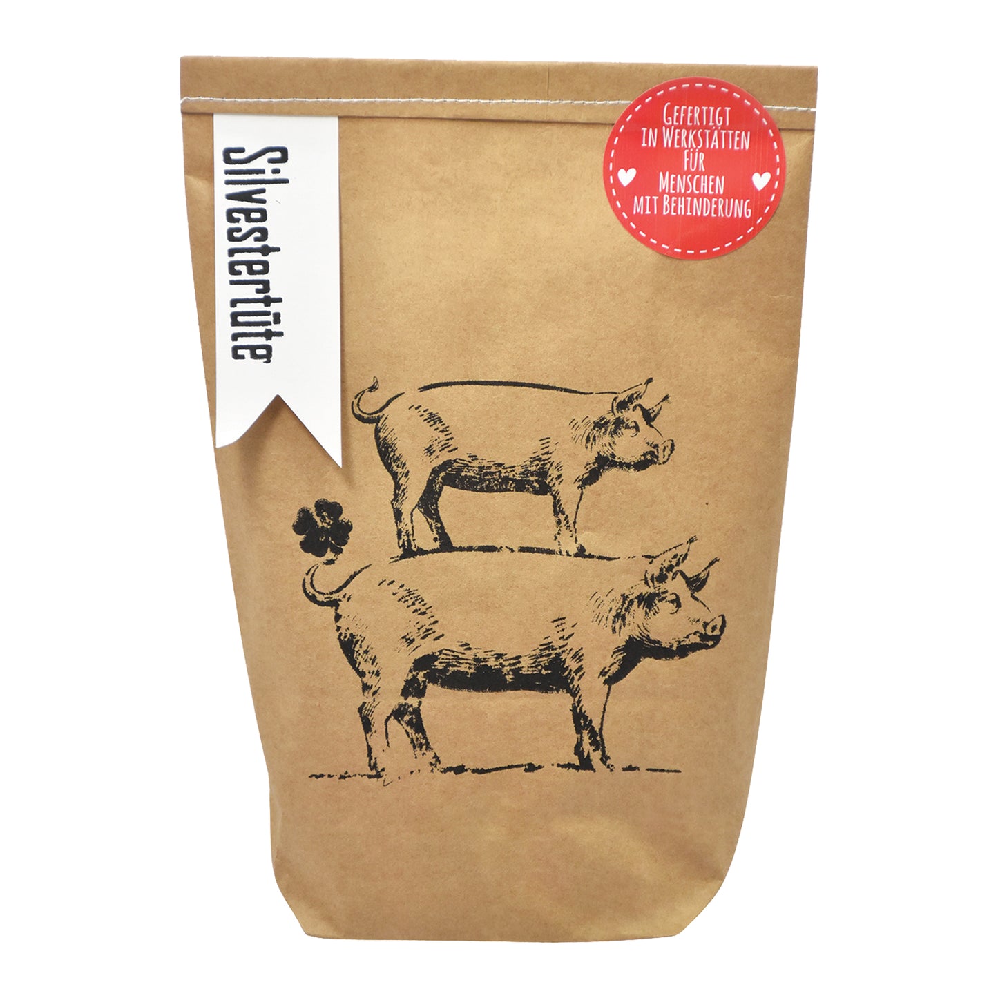 Wunderüte in braun mit Schweinen bestempelt als glücksbringer silvester