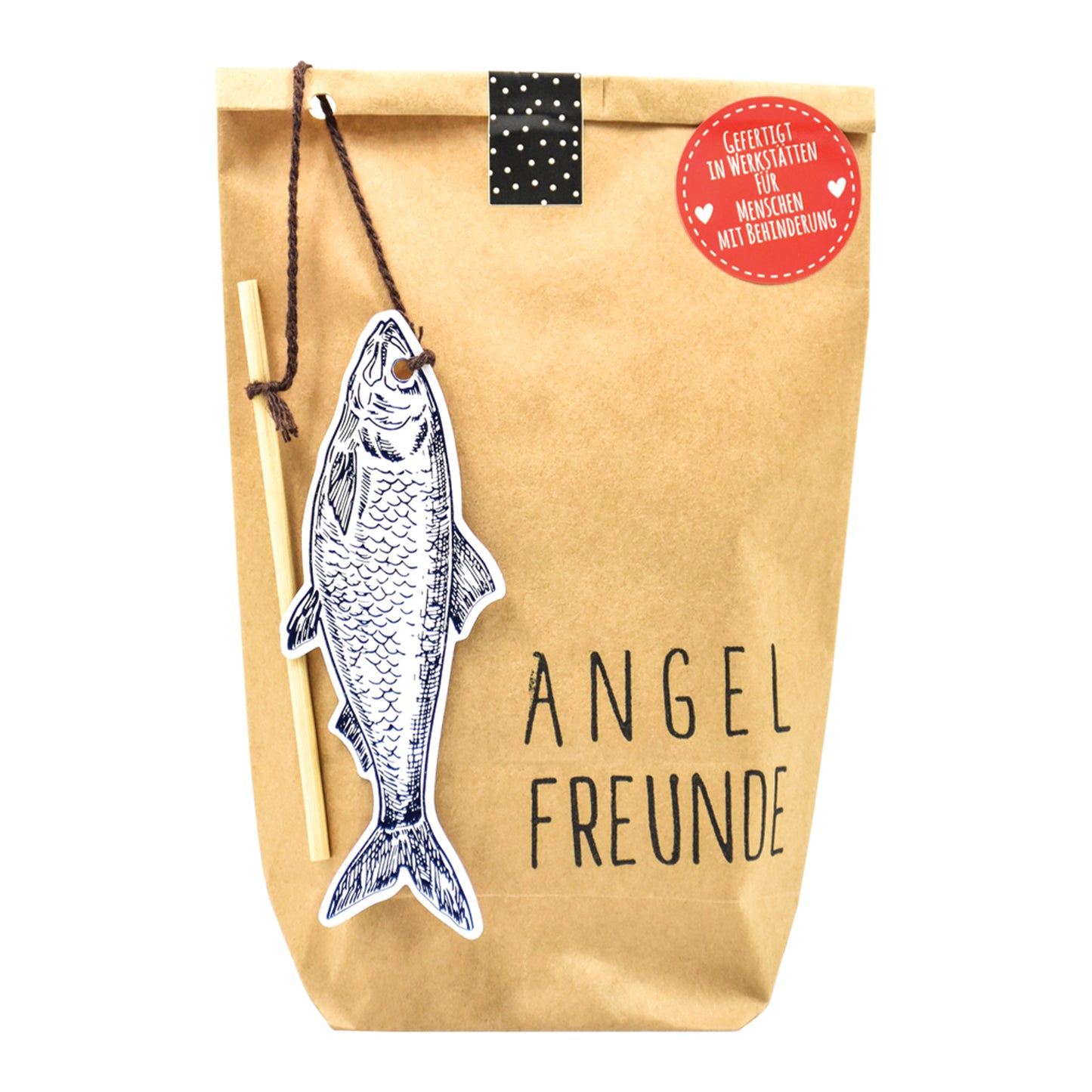 Wundertüte in braun für Angelfreunde mit Fisch an der Angel als Geschenk für Angler