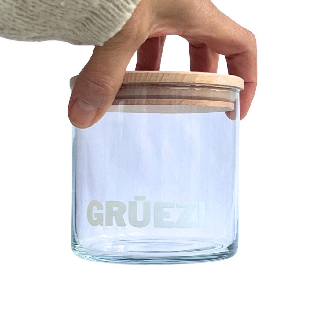Glasdose Gruezi mit Holzdeckel