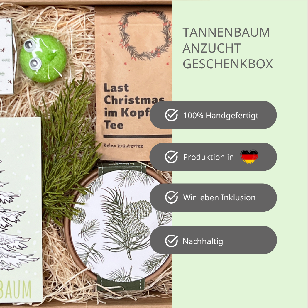 Warum du diese Box kaufen solltest – 100 % handgemacht- Produktion in Deutschland- Wir leben Inklusion- nachhaltig- Christbaum Anzucht Set
