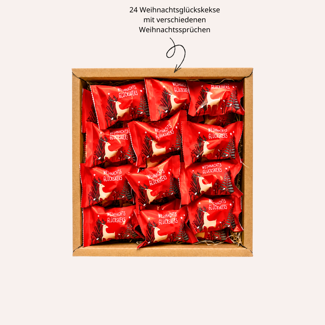 Adventskalender Geschenk Box mit 24 weihnachtlichen Glückskeksen
