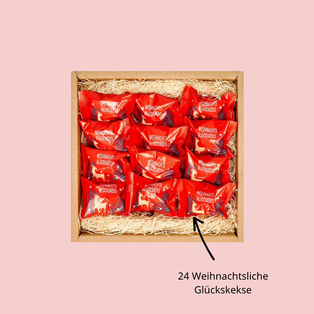 Adventskalender Geschenk Box mit 24 weihnachtlichen Glückskeksen