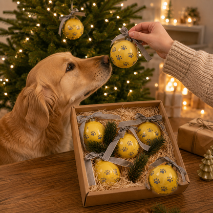 Weihnachtsbox für Hundeliebhaber mit Christbaumkugeln