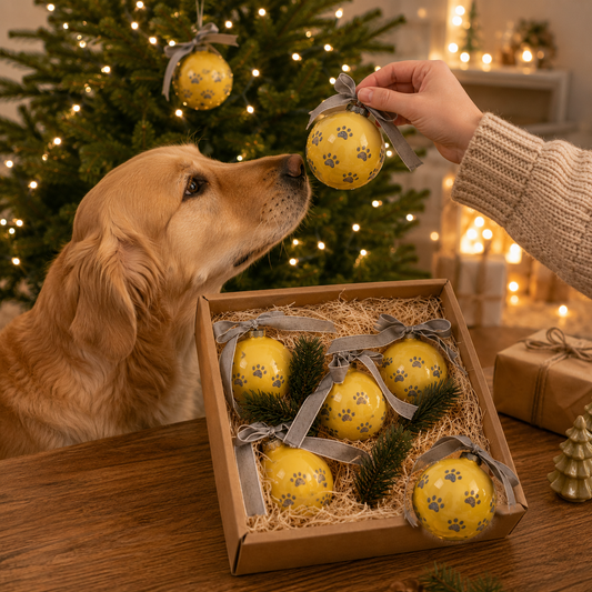 Weihnachtsbox für Hundeliebhaber mit Christbaumkugeln