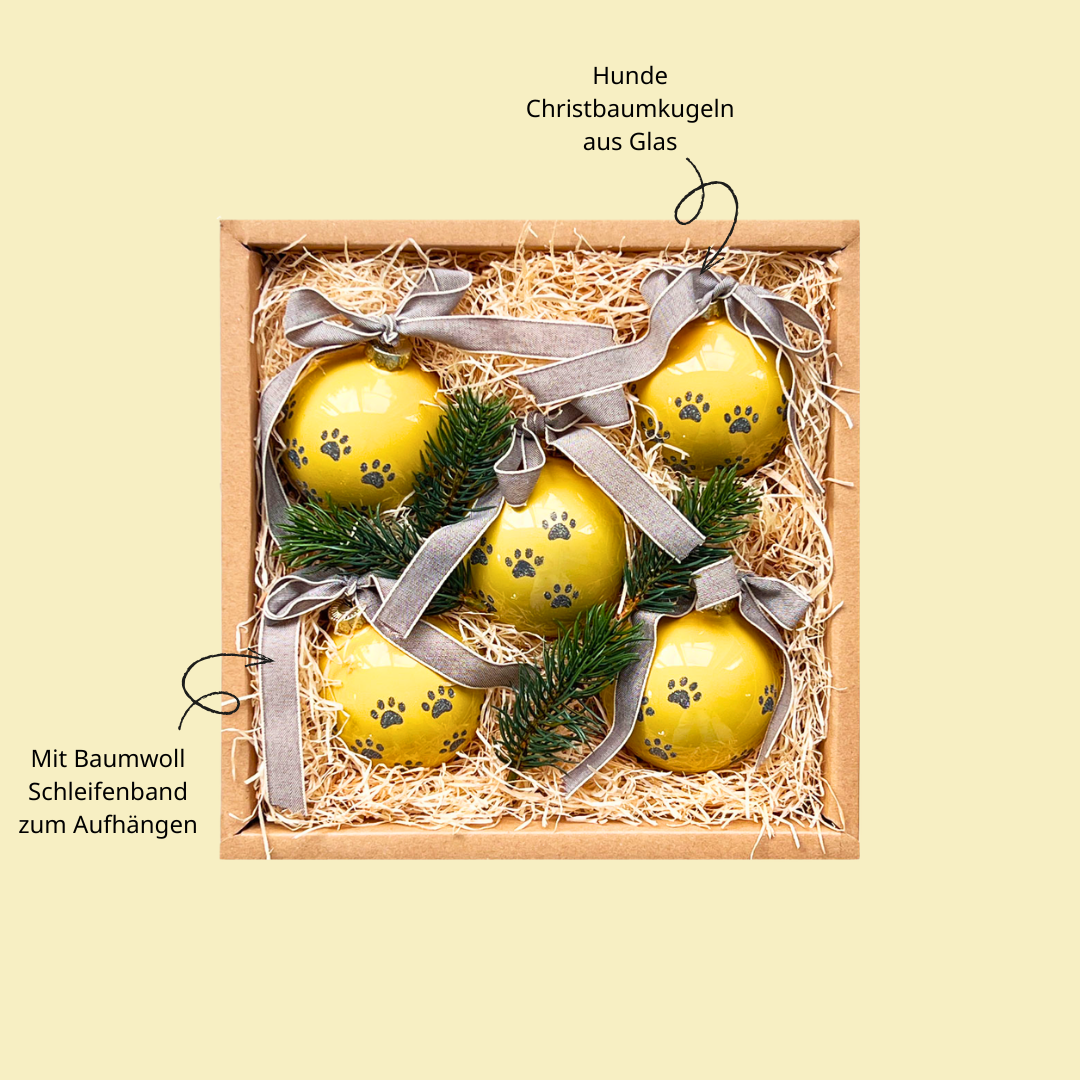 Weihnachtsbox für Hundeliebhaber mit Christbaumkugeln