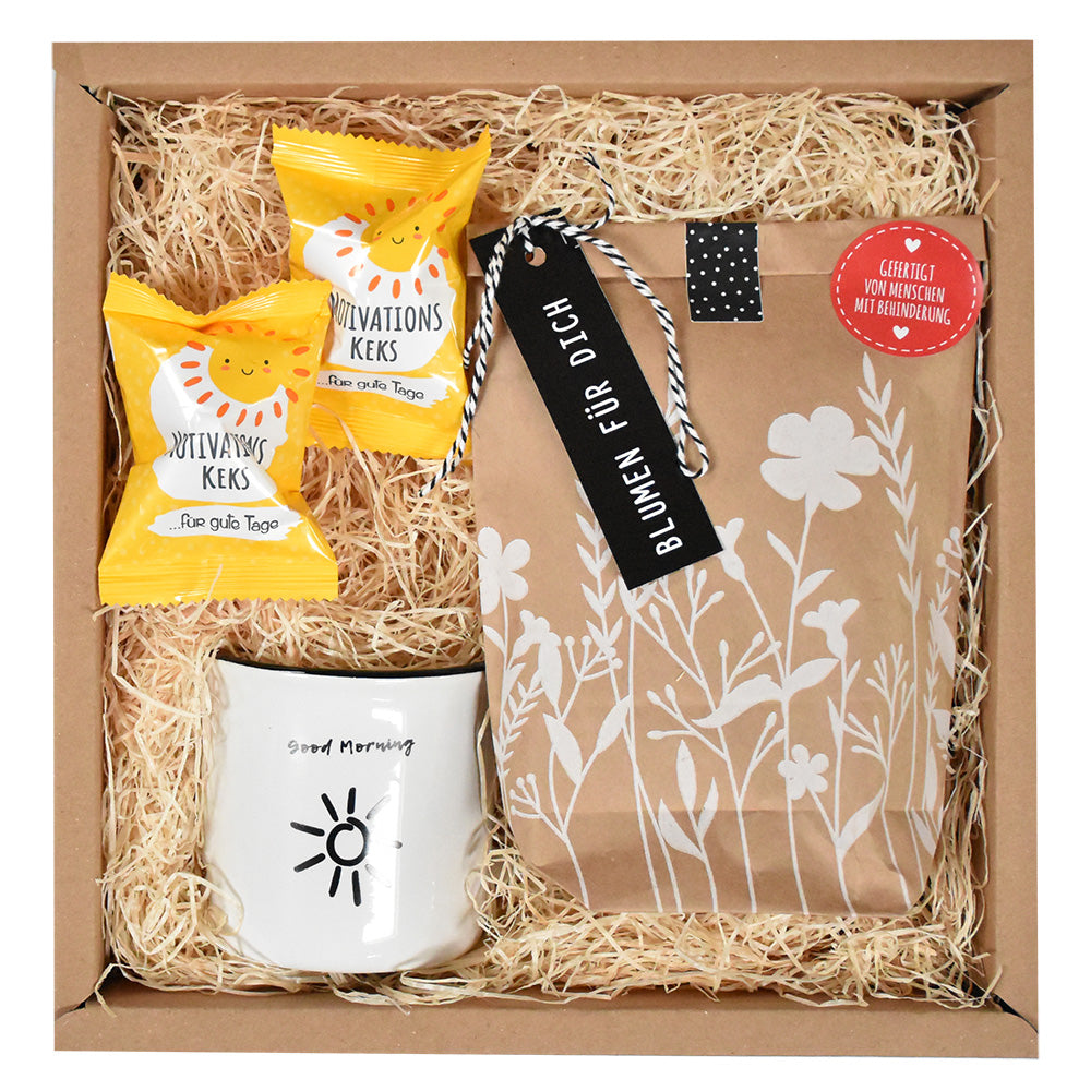 Einfach Danke Geschenkbox mit Blumenstrauß zum aussäen, Motivationskeksen und einer Steingut Tasse mit dem Schriftzug "Good Morning"