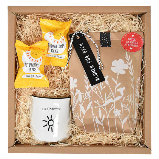 Einfach Danke Geschenkbox mit Blumenstrauß zum aussäen, Motivationskeksen und einer Steingut Tasse mit dem Schriftzug "Good Morning"