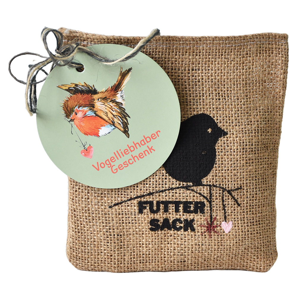 Vogelfuttersack aus Jutestoff mit Geschenkanhänger