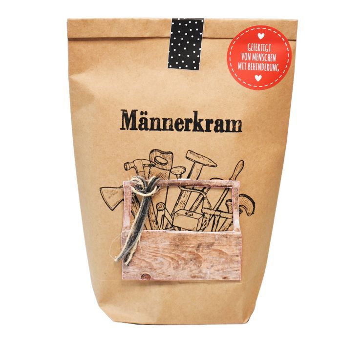 Wundertüte Männerkram mit Werkzeugkiste vorne drauf als Männergeschenk